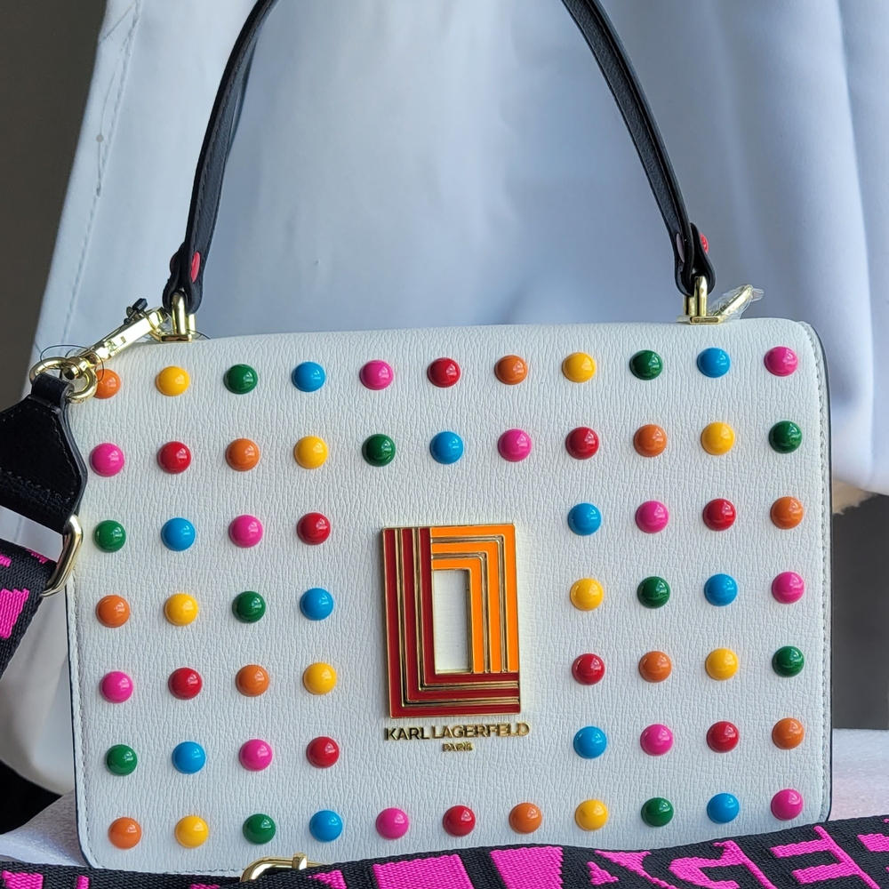 New, Karl Lagerfeld White Multicolor Simone  Studded Women's Bag